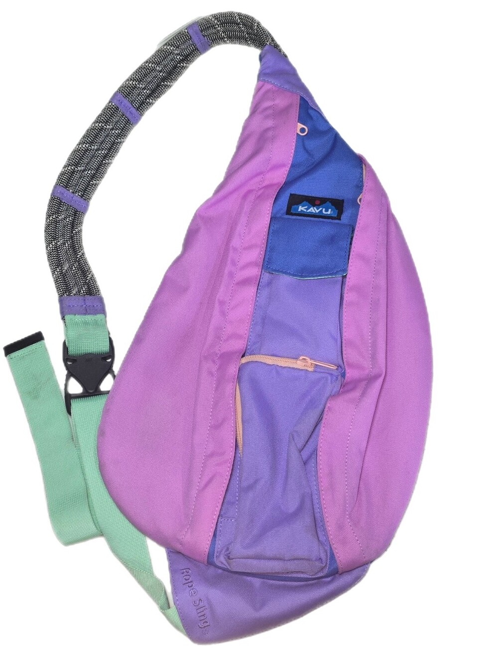 KAVU Rope Sling Bag Vibrant Color Block Crossbody Backpack Purple Pink Mint